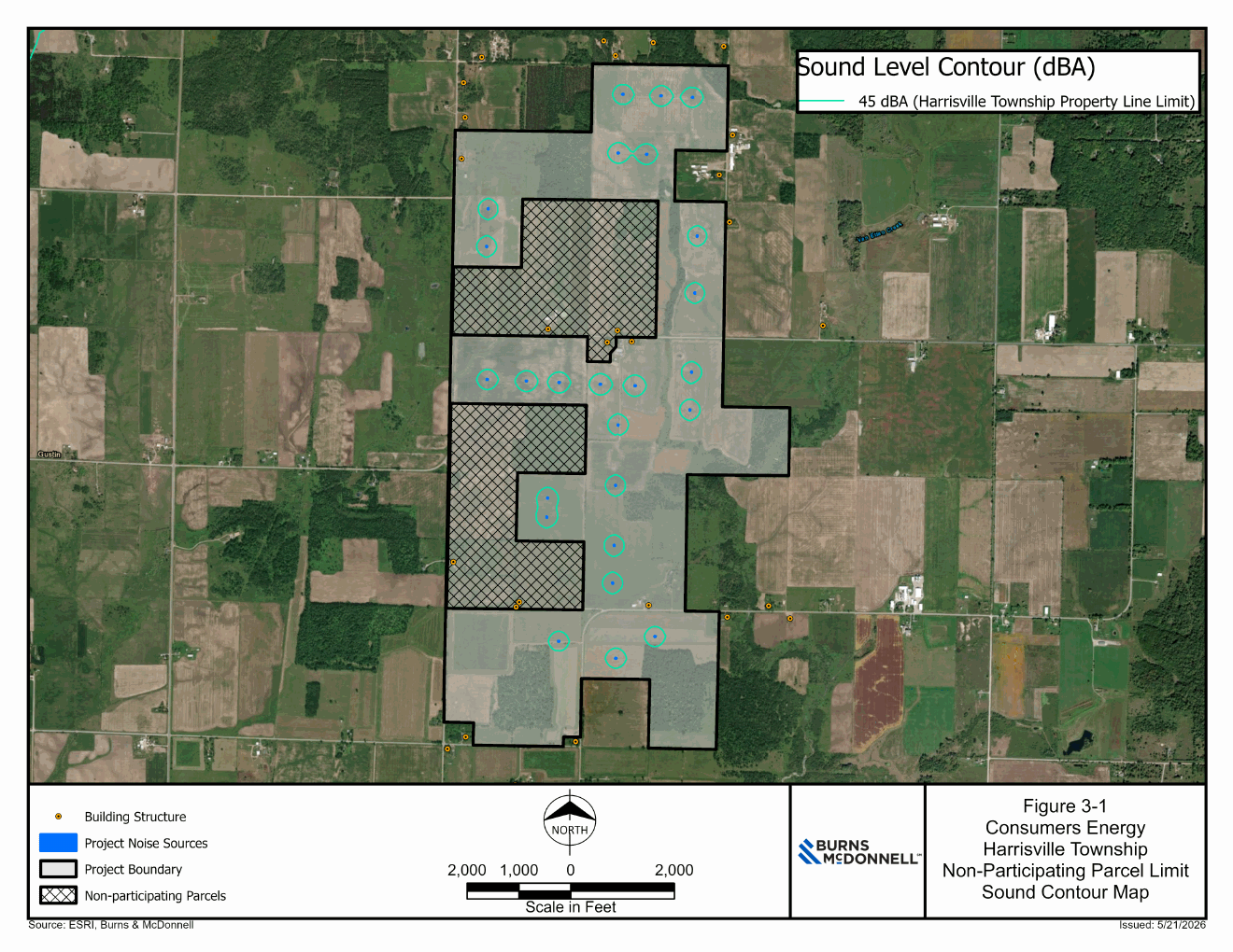 Figure 3-1 of the sound study, “Non-Participating Parcel Limit Sound Contour Map”: an aerial photograph of the project area with the project boundary, non-participating parcels, building structures, the project noise sources and a 45 dBA contour line around each source.